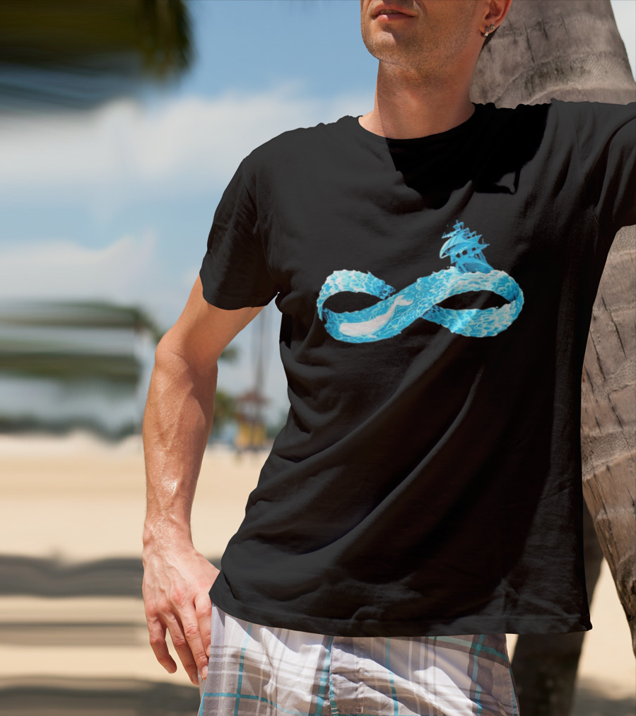 Infinity Symbol With Whale Swimming Beneath Sailing Ship Formed By Ocean Waves T-Shirt
