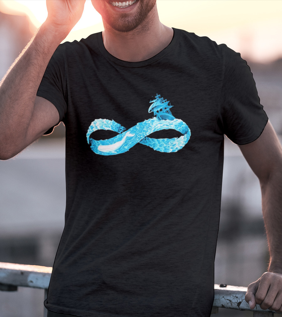 Infinity Symbol With Whale Swimming Beneath Sailing Ship Formed By Ocean Waves T-Shirt