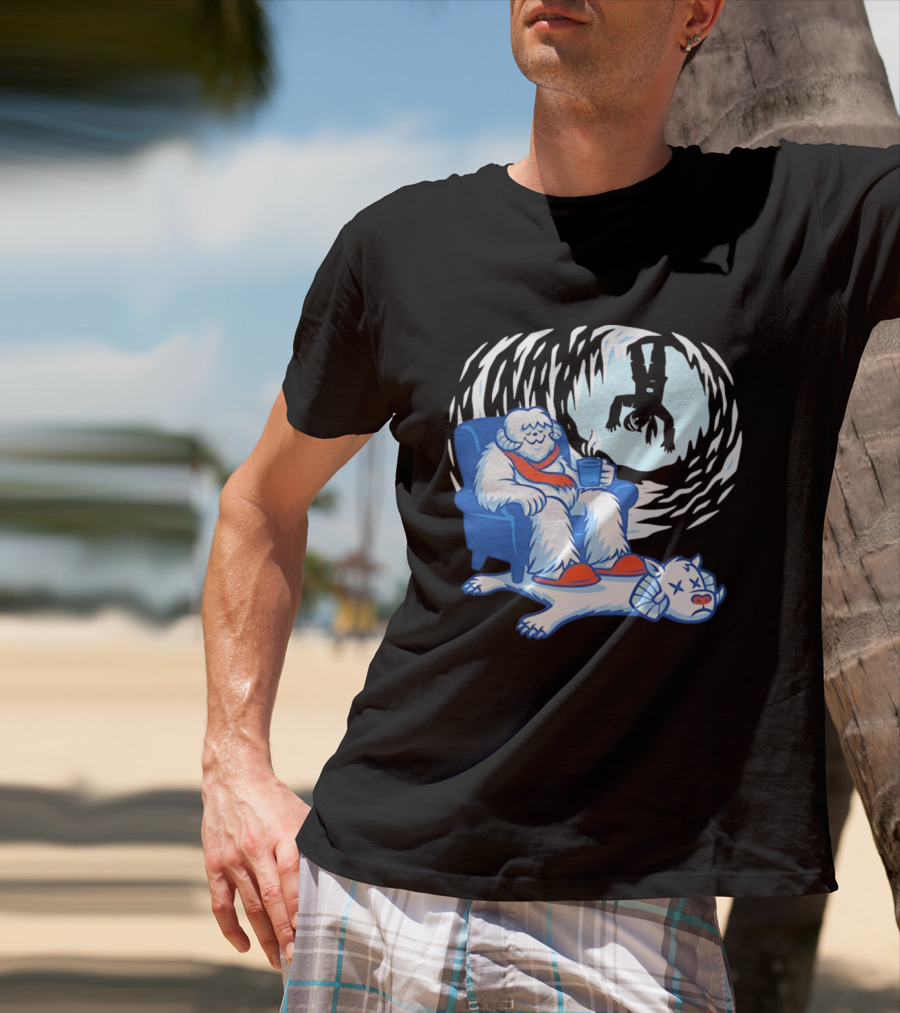 Yeti Relaxing In A Chair With Hot Drink And Abominable Snowman Rug T-Shirt
