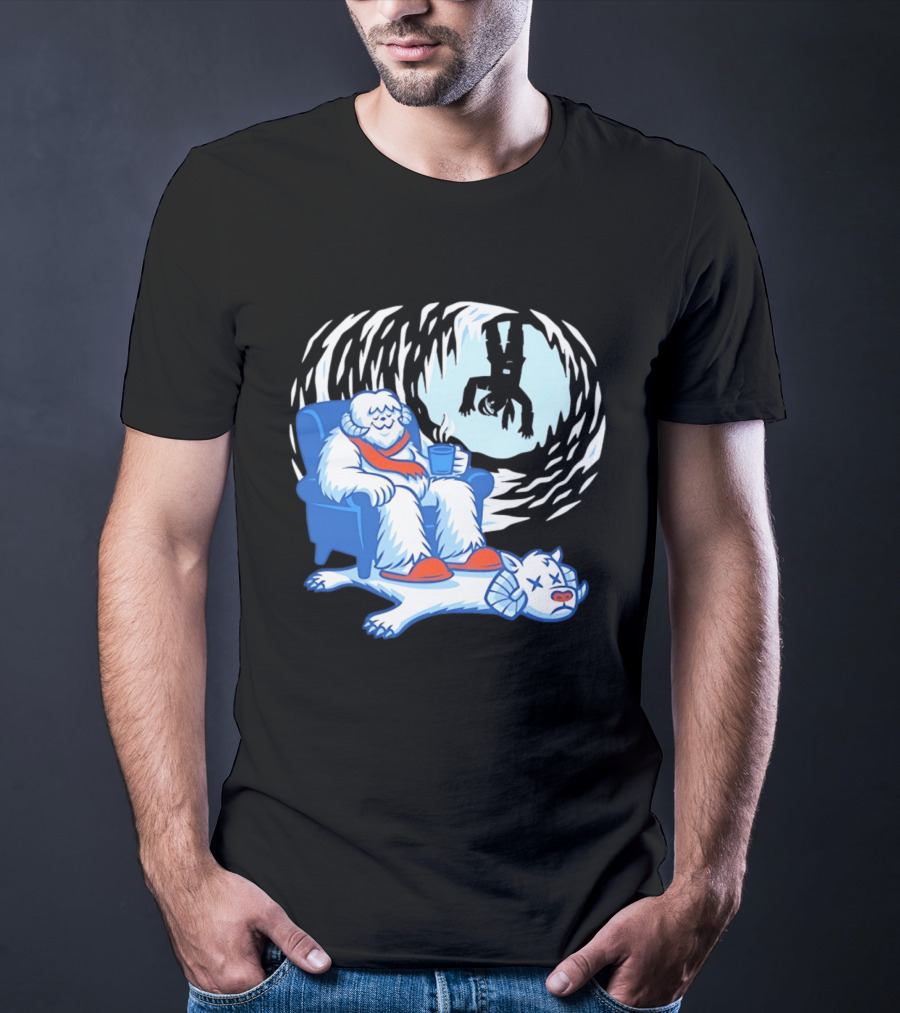 Yeti Relaxing In A Chair With Hot Drink And Abominable Snowman Rug T-Shirt