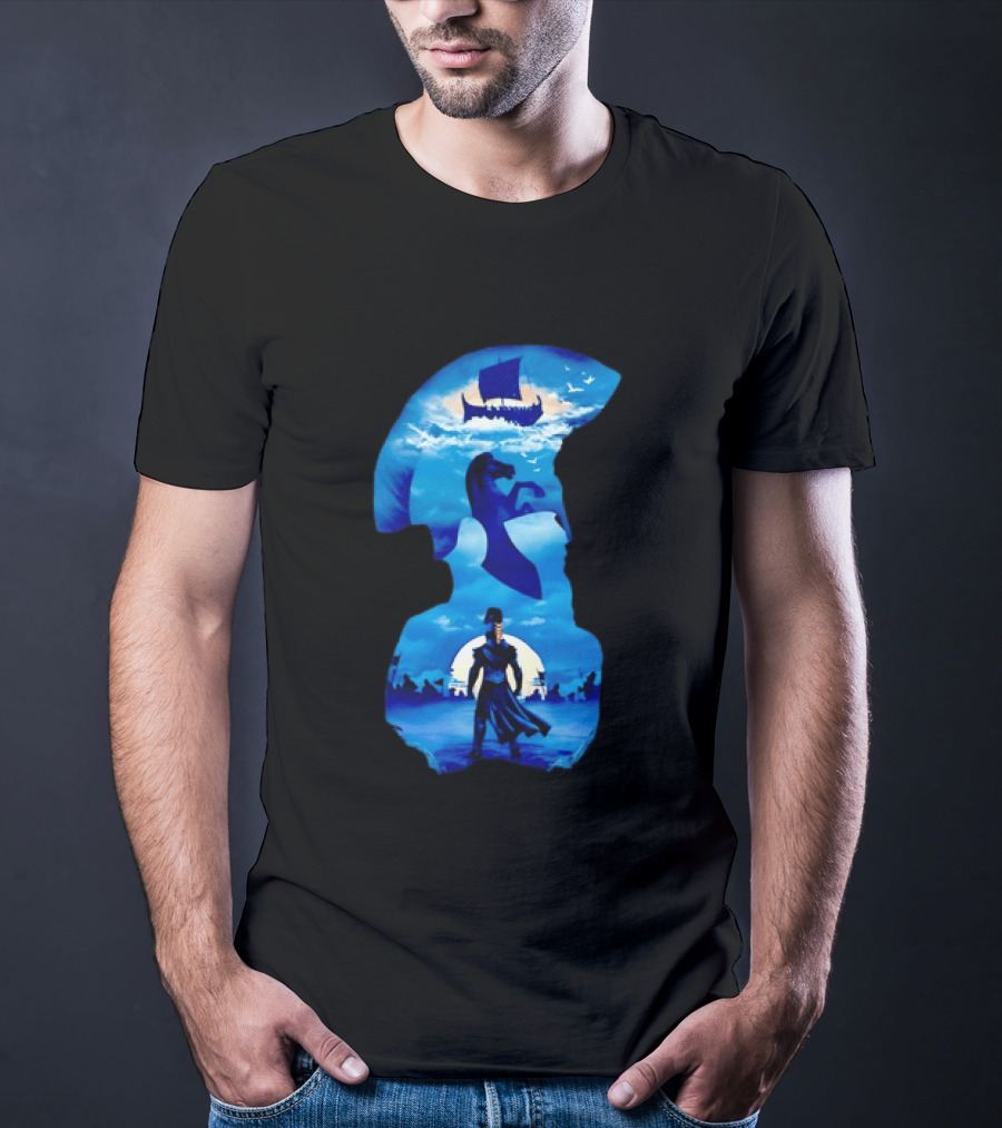 Spartan Warrior With Trojan Horse And Ancient Ship In Mythical Blue Scene T-Shirt