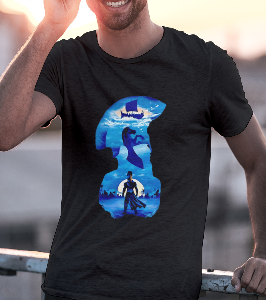 Spartan Warrior With Trojan Horse And Ancient Ship In Mythical Blue Scene T-Shirt