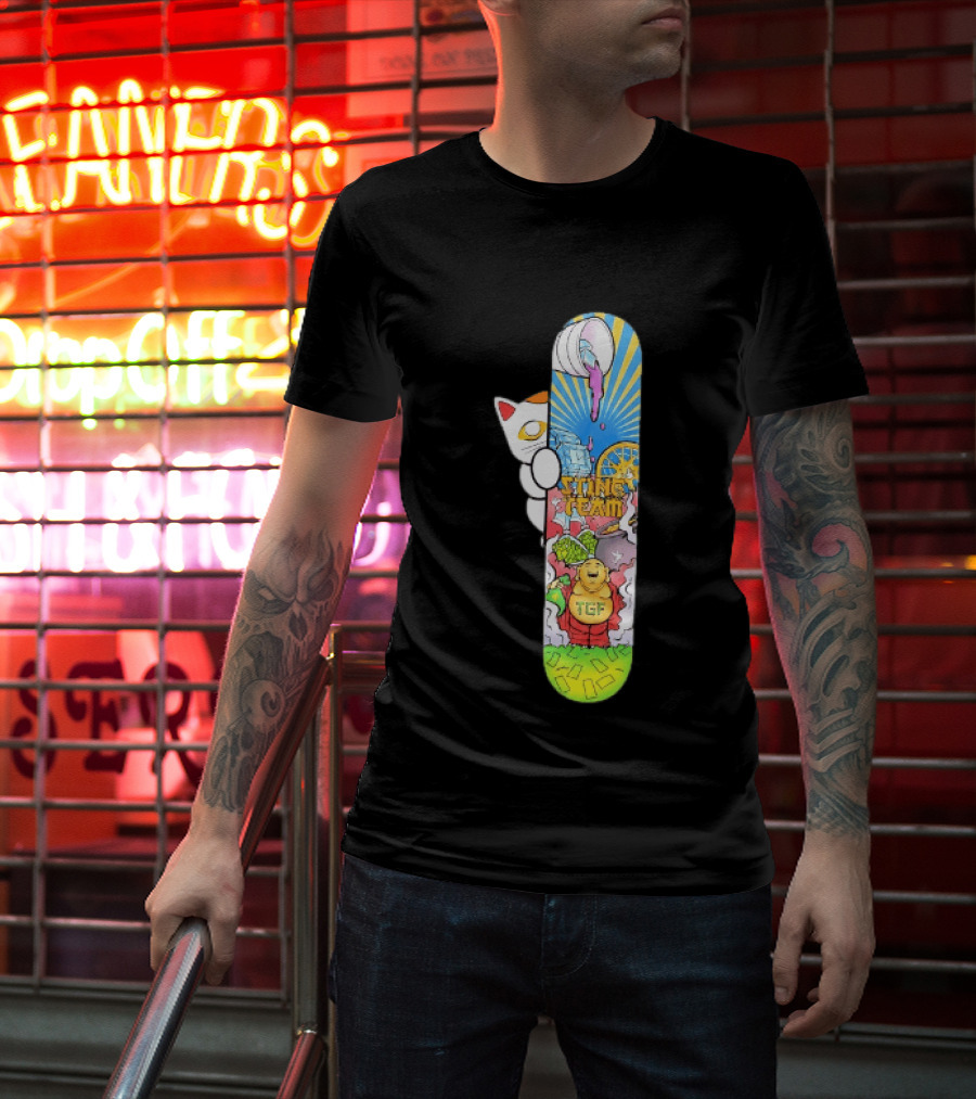 Stinc Team TGF Buddha Cat With Skateboard And Dripping Paint Aesthetic T-Shirt