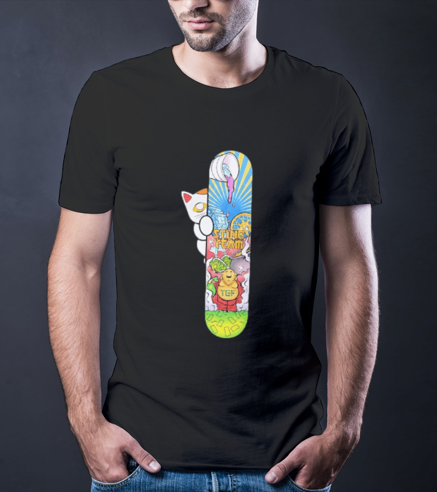 Stinc Team TGF Buddha Cat With Skateboard And Dripping Paint Aesthetic T-Shirt