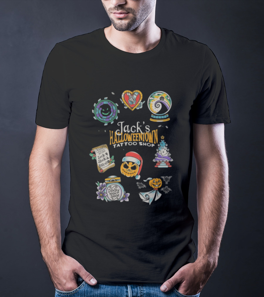 Jack's Halloweentown Tattoo Shop Oogie Boogie Santa Skull Lock Shock Barrel T-Shirt
