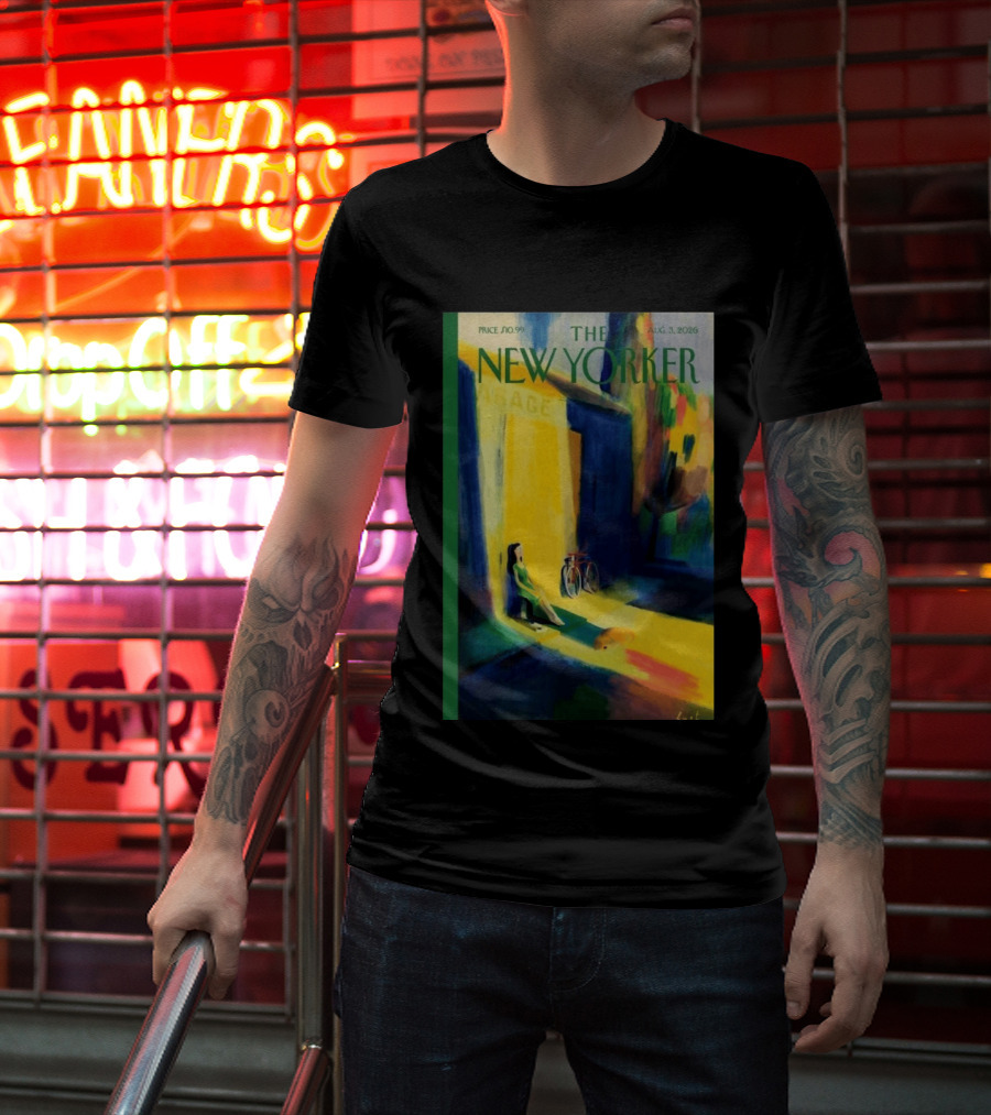 The New Yorker August 3 2026 Pierre Emmanuel Lyet Cover Art Female Figure With Bicycle In Vibrant Alley Scene T-Shirt