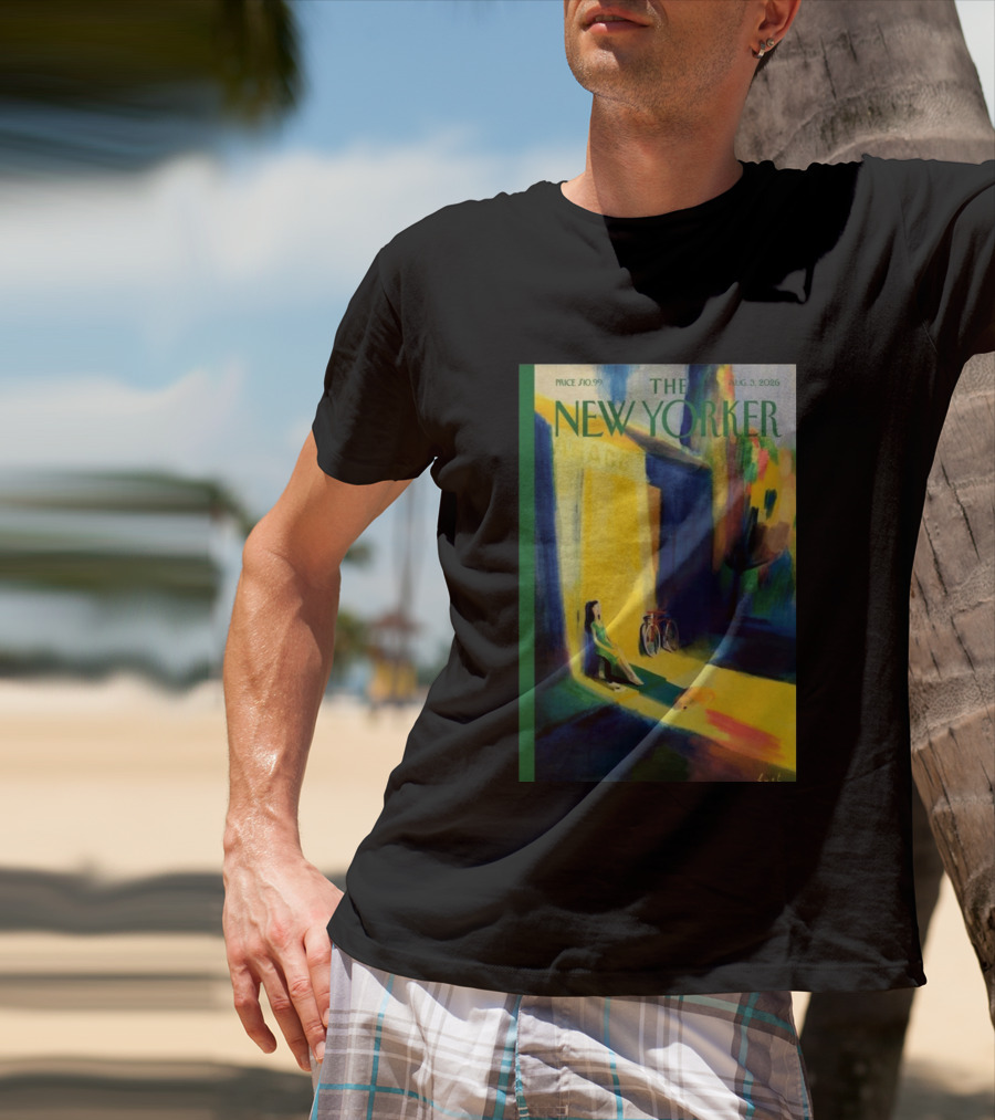The New Yorker August 3 2026 Pierre Emmanuel Lyet Cover Art Female Figure With Bicycle In Vibrant Alley Scene T-Shirt