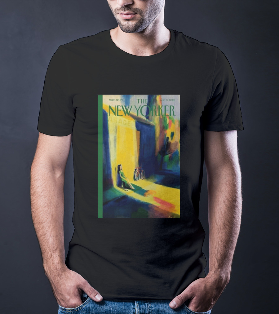 The New Yorker August 3 2026 Pierre Emmanuel Lyet Cover Art Female Figure With Bicycle In Vibrant Alley Scene T-Shirt