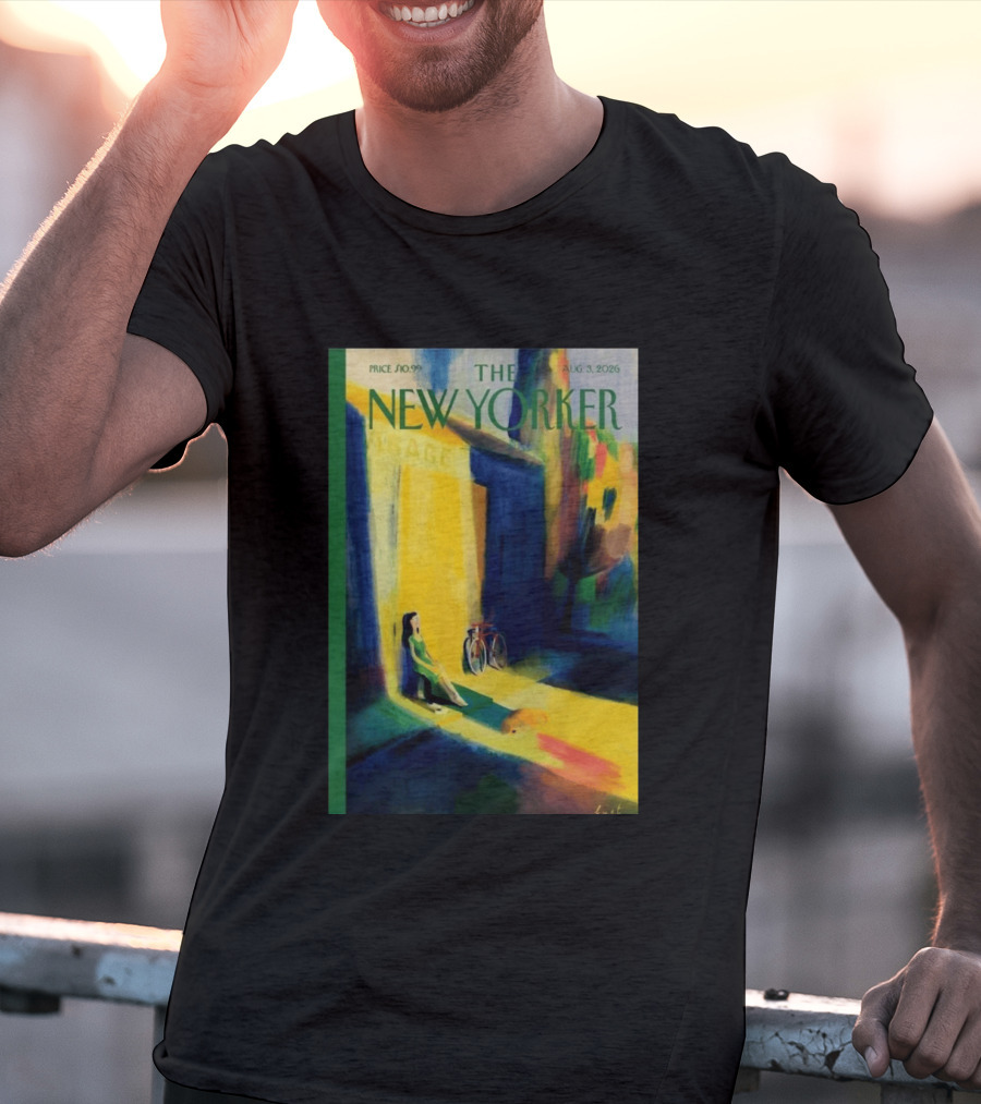 The New Yorker August 3 2026 Pierre Emmanuel Lyet Cover Art Female Figure With Bicycle In Vibrant Alley Scene T-Shirt