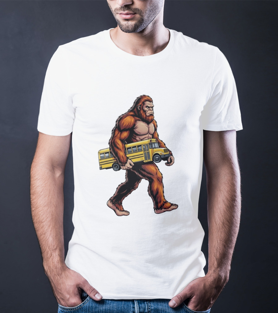 Bigfoot Sasquatch Carrying Yellow School Bus T-Shirt