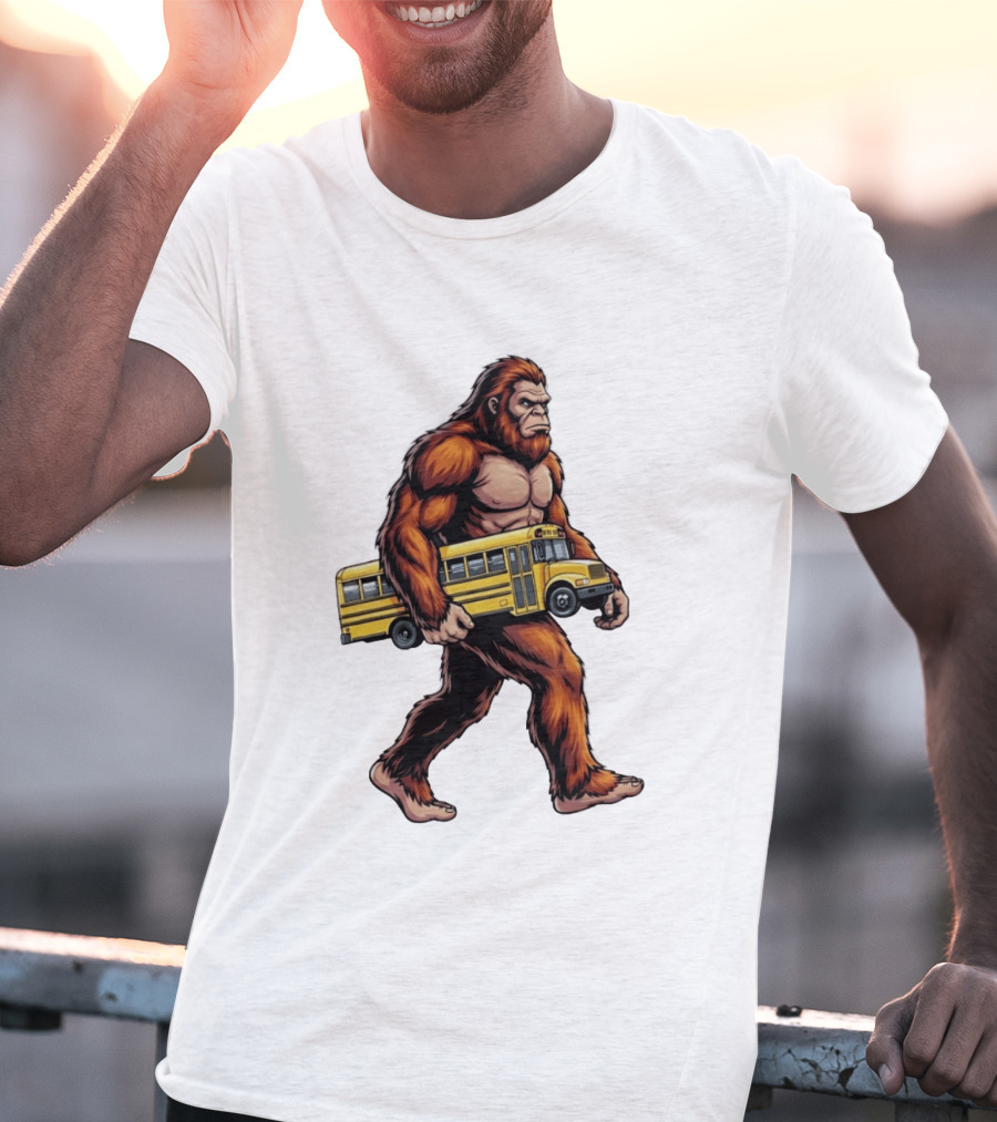 Bigfoot Sasquatch Carrying Yellow School Bus T-Shirt