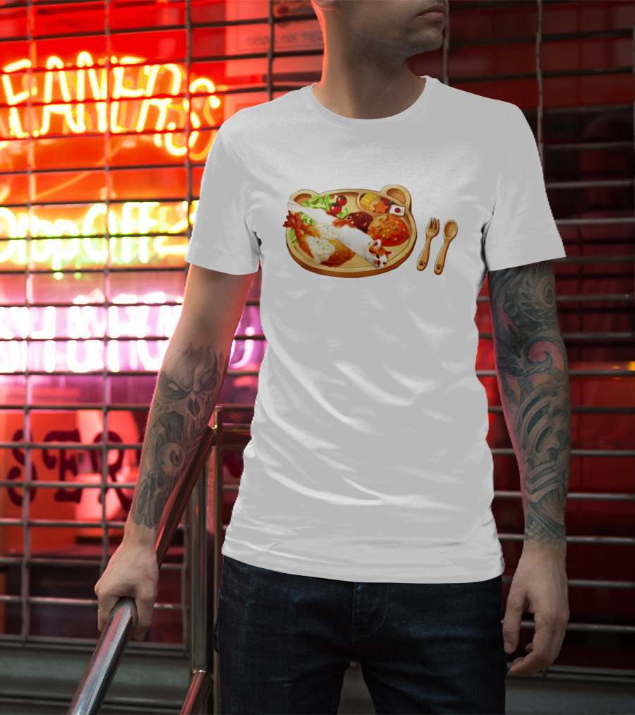 Cat Sushi On Bear Shaped Japanese Meal Plate With Shrimp And Rice T-Shirt