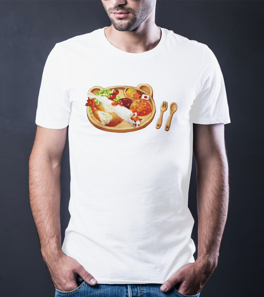 Cat Sushi On Bear Shaped Japanese Meal Plate With Shrimp And Rice T-Shirt