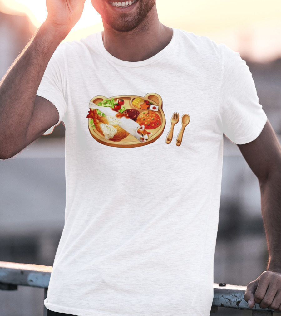Cat Sushi On Bear Shaped Japanese Meal Plate With Shrimp And Rice T-Shirt