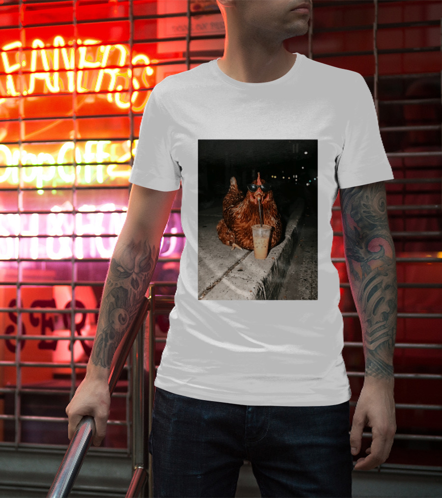 Chicken Wearing Sunglasses Drinking Iced Coffee At Night T-Shirt
