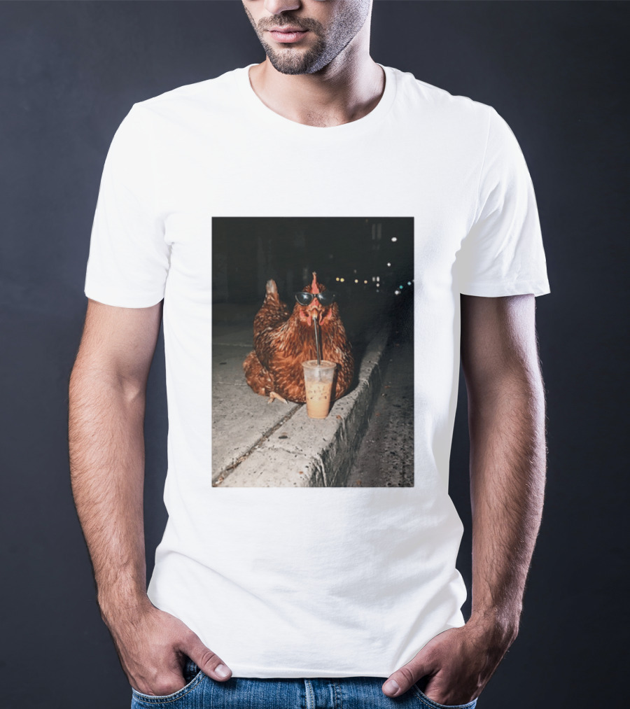 Chicken Wearing Sunglasses Drinking Iced Coffee At Night T-Shirt
