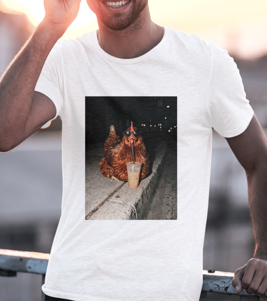 Chicken Wearing Sunglasses Drinking Iced Coffee At Night T-Shirt