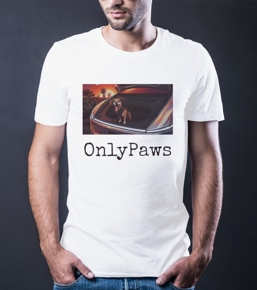 OnlyPaws Dog In Car Trunk At Sunset Desert Scene T-Shirt