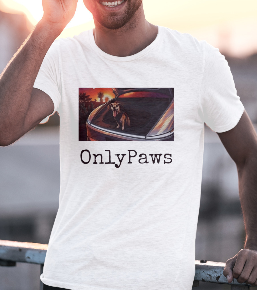 OnlyPaws Dog In Car Trunk At Sunset Desert Scene T-Shirt