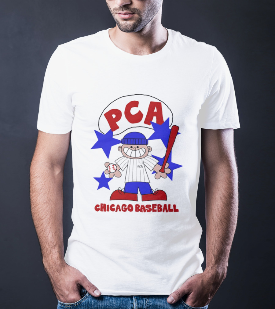 PCA Chicago Baseball Cartoon Youth Kids Sports Humor Red Blue Stars T-Shirt
