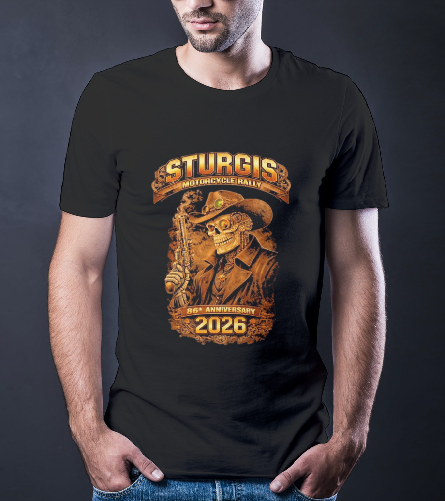 Sturgis Motorcycle Rally 2026 86th Anniversary Steampunk Cowboy Skull T-Shirt
