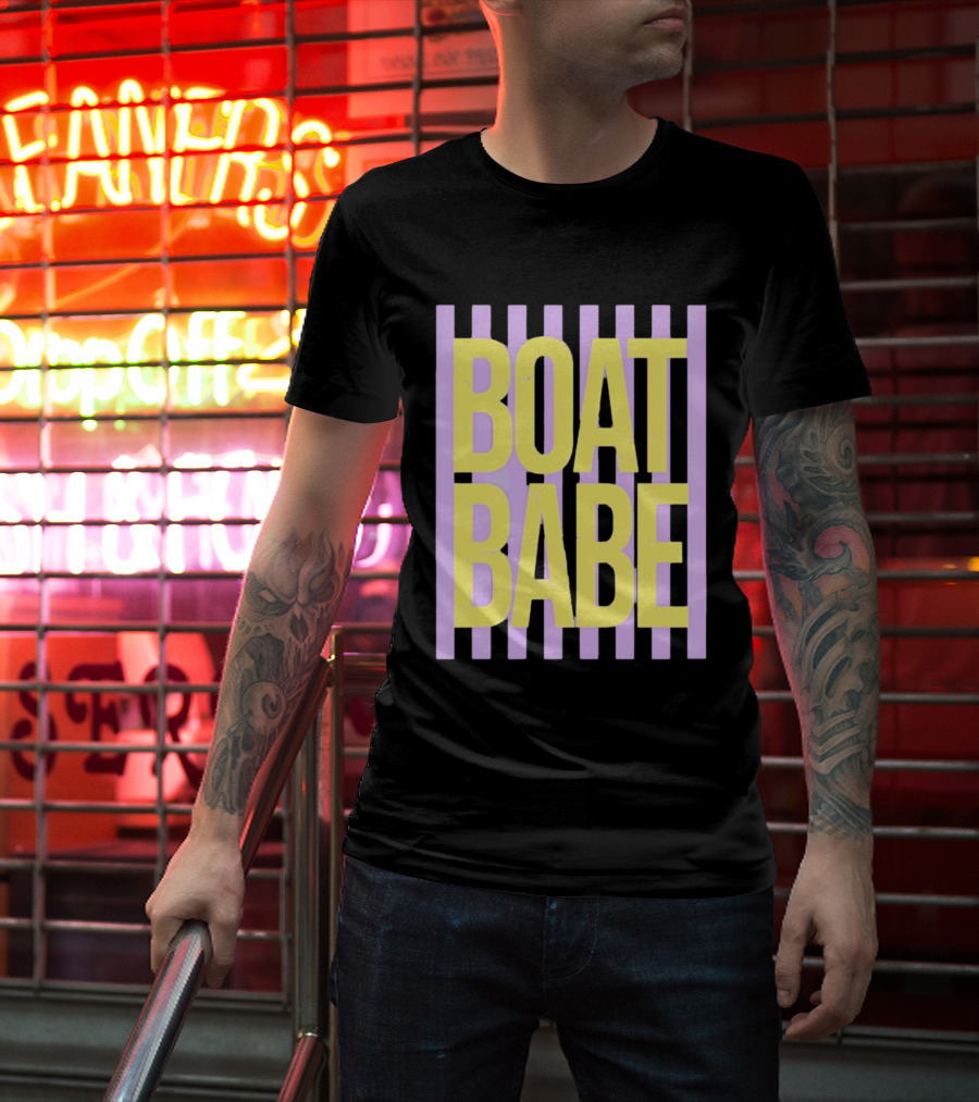 Boat Babe Distressed Striped Nautical Violet Yellow Letters T-Shirt
