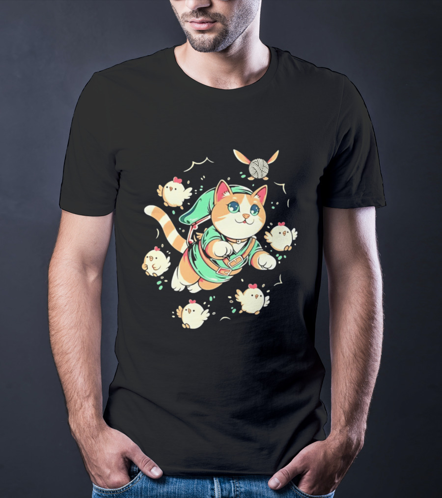 Fantasy Adventurer Cat In Green Tunic With Chickens And Yarn Ball T-Shirt