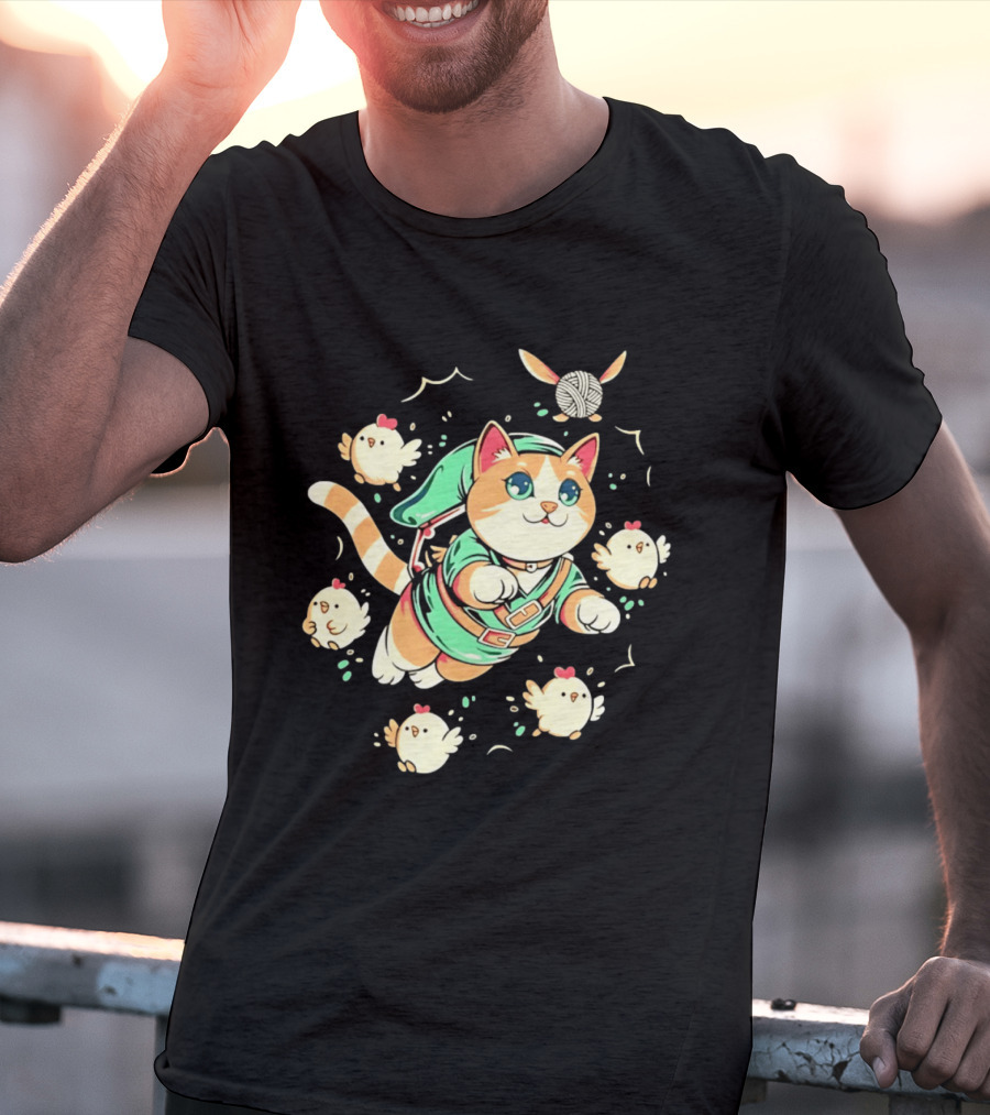 Fantasy Adventurer Cat In Green Tunic With Chickens And Yarn Ball T-Shirt