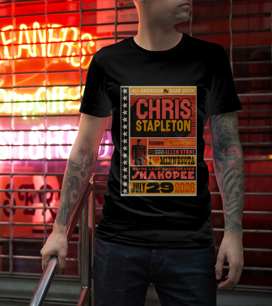 All American Road Show Chris Stapleton Featuring The Honchos Allen Stone Mystic Lake Amphitheater Shakopee July 29 2026 I Love Minnesota T-Shirt