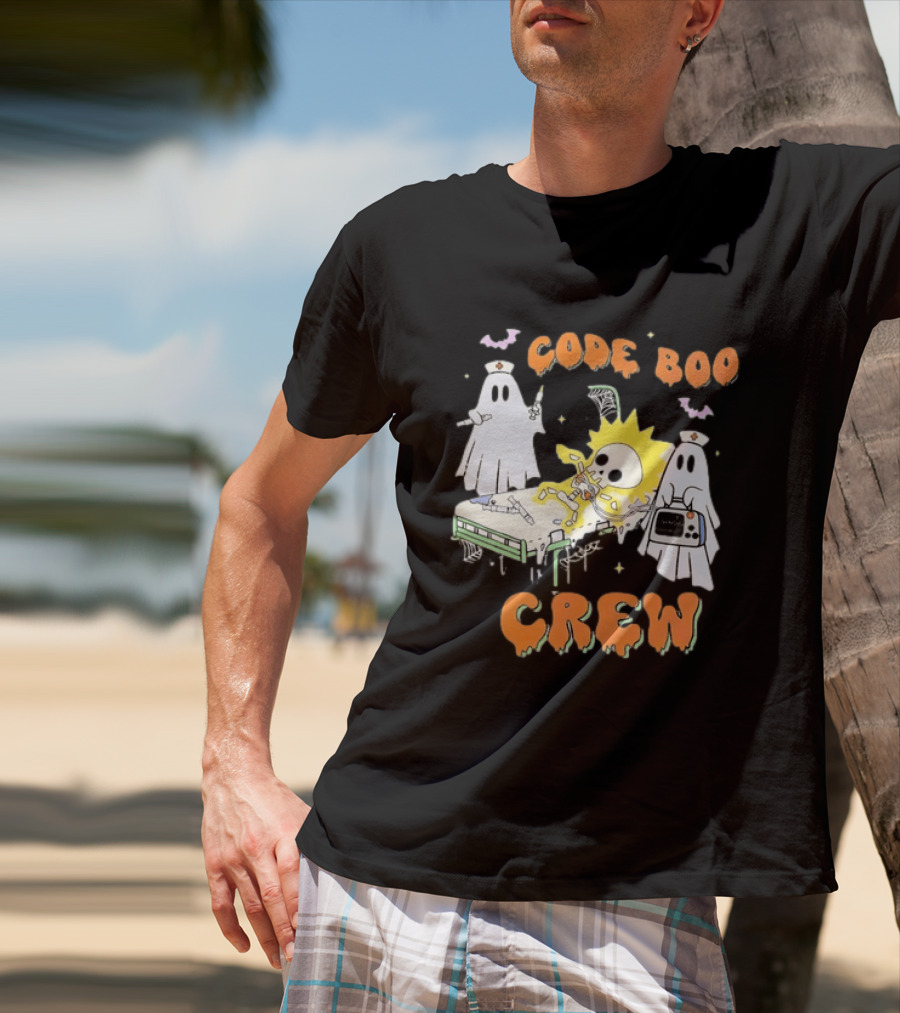 Code Boo Crew Halloween Ghost Nurse Skeleton Scene T-Shirt