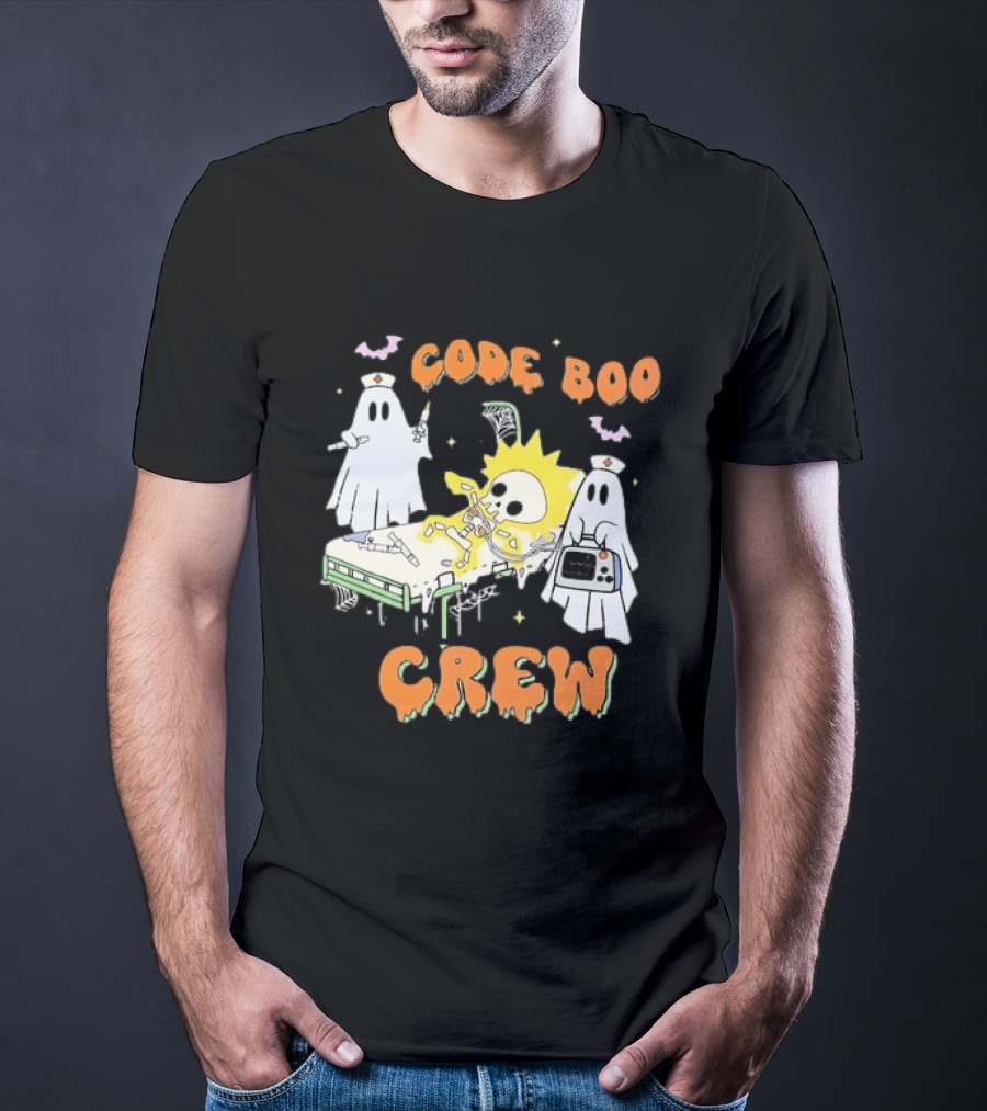 Code Boo Crew Halloween Ghost Nurse Skeleton Scene T-Shirt