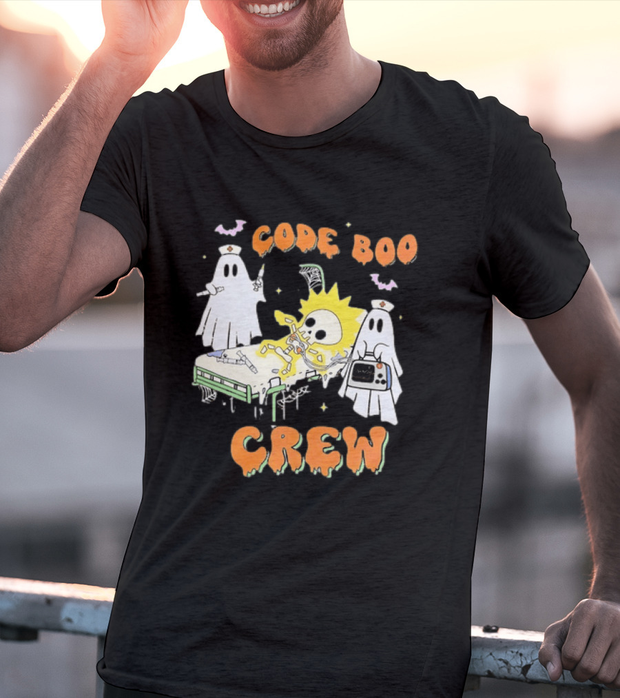 Code Boo Crew Halloween Ghost Nurse Skeleton Scene T-Shirt