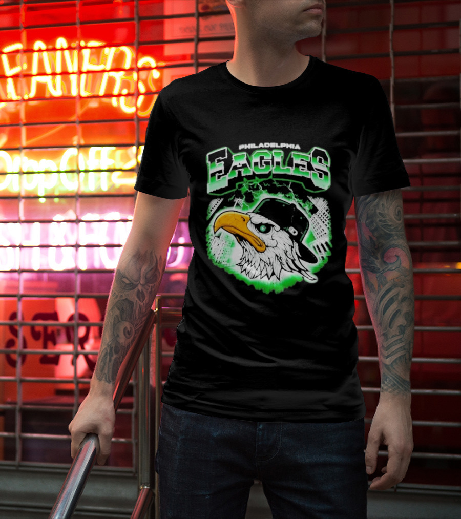 Philadelphia Eagles Mascot With Baseball Cap And City Skyline T-Shirt