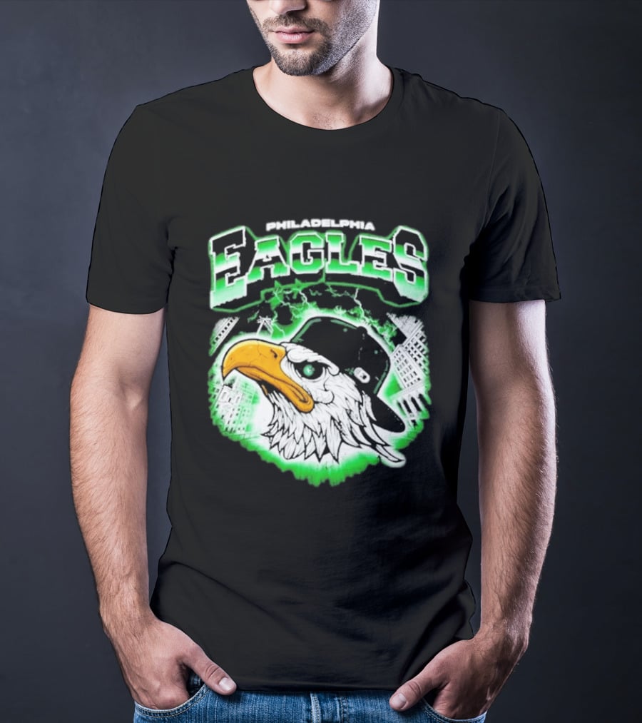 Philadelphia Eagles Mascot With Baseball Cap And City Skyline T-Shirt