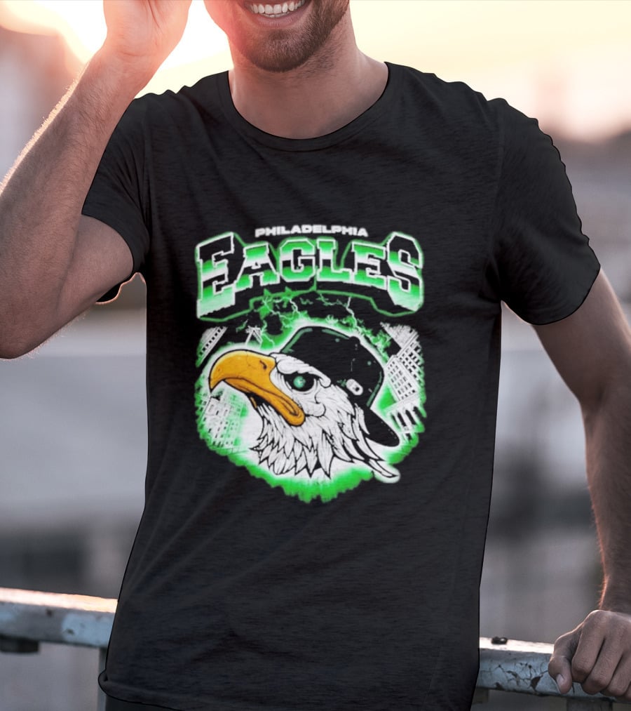 Philadelphia Eagles Mascot With Baseball Cap And City Skyline T-Shirt