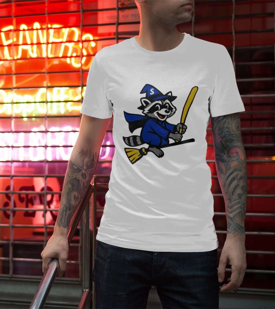 Seattle Mariners Jimothy The Etsy Witch Raccoon Flying Broomstick T-Shirt