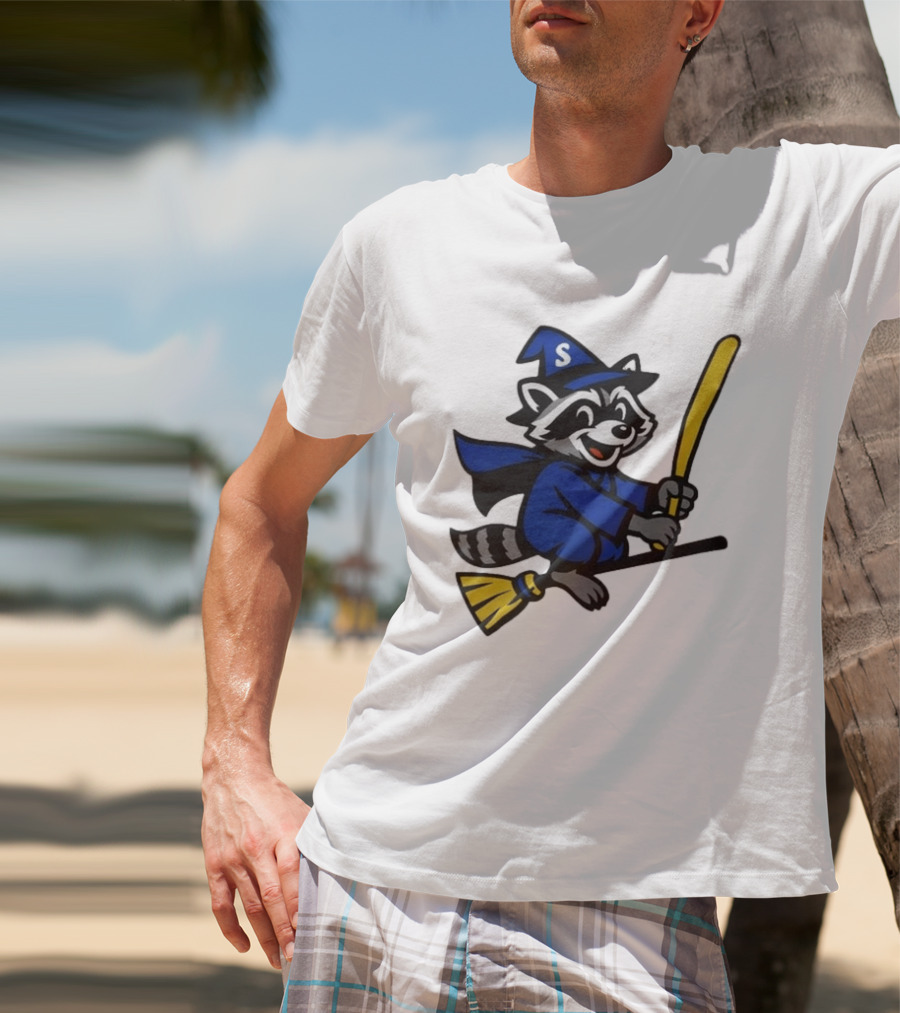 Seattle Mariners Jimothy The Etsy Witch Raccoon Flying Broomstick T-Shirt