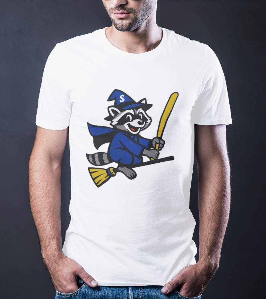 Seattle Mariners Jimothy The Etsy Witch Raccoon Flying Broomstick T-Shirt