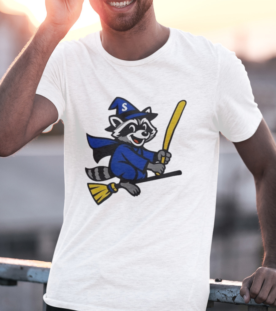 Seattle Mariners Jimothy The Etsy Witch Raccoon Flying Broomstick T-Shirt