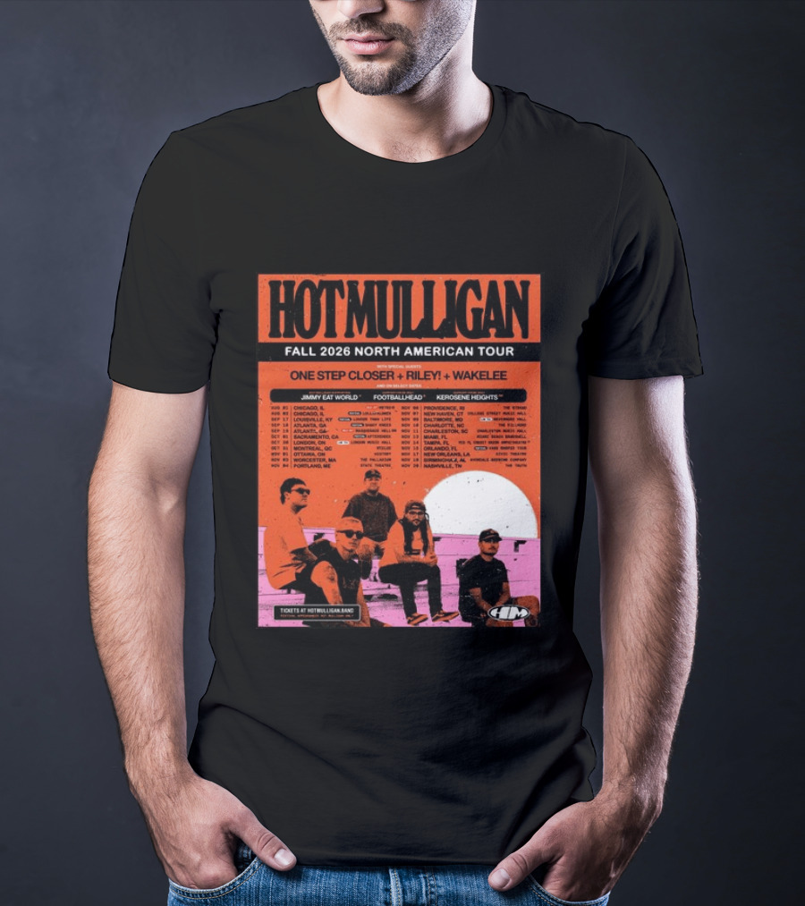 Hot Mulligan Fall 2026 Tour Dates With One Step Closer Riley Wakelee Jimmy Eat World Footballhead Kerosene Heights T-Shirt