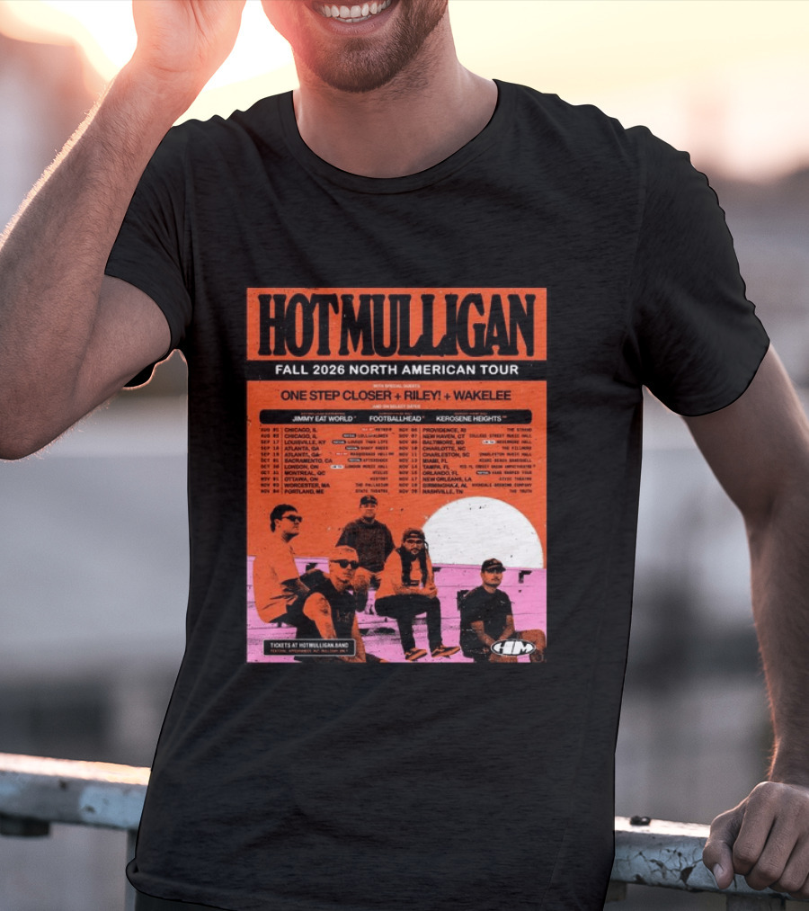 Hot Mulligan Fall 2026 Tour Dates With One Step Closer Riley Wakelee Jimmy Eat World Footballhead Kerosene Heights T-Shirt