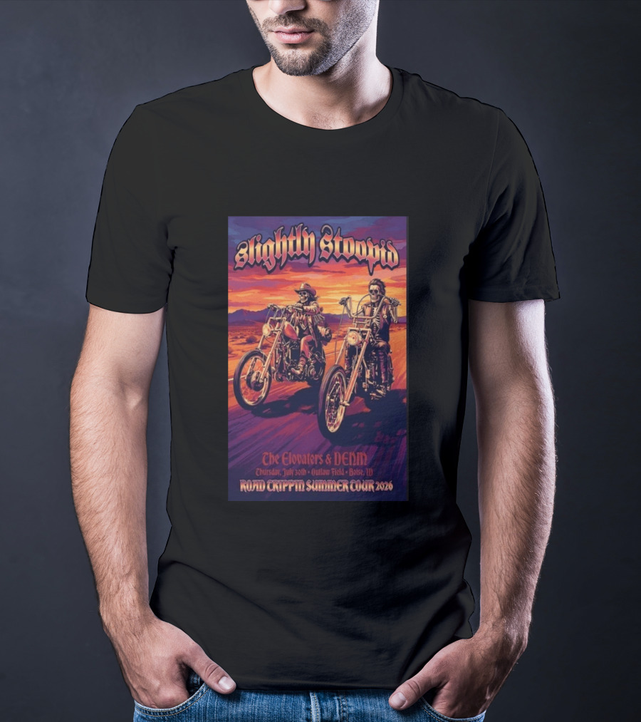 Slightly Stoopid Road Trippin Summer Tour 2026 The Elovaters DENM Boise Thursday July 30 Outlaw Field T-Shirt