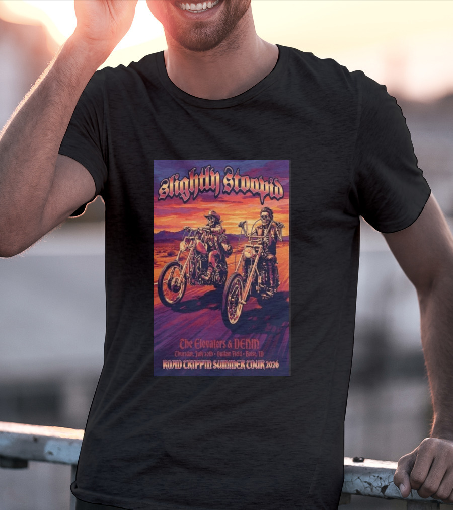 Slightly Stoopid Road Trippin Summer Tour 2026 The Elovaters DENM Boise Thursday July 30 Outlaw Field T-Shirt