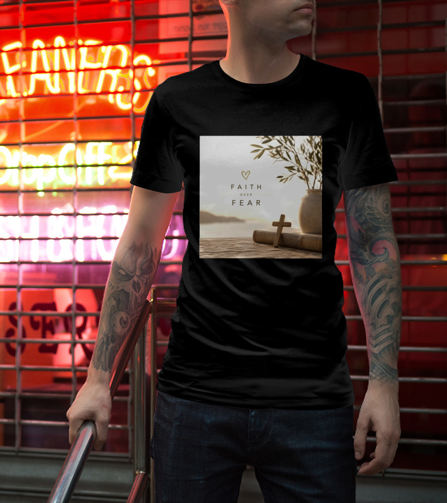 Faith Over Fear Christian Cross Heart With Bible And Olive Branches T-Shirt