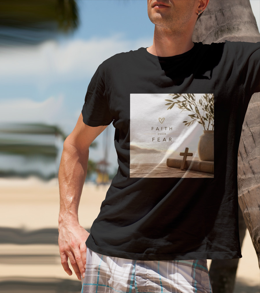 Faith Over Fear Christian Cross Heart With Bible And Olive Branches T-Shirt