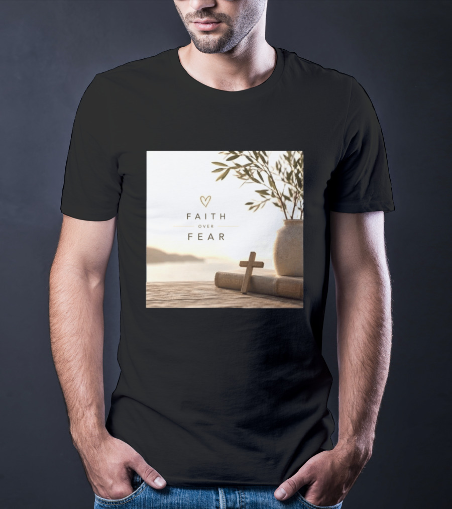 Faith Over Fear Christian Cross Heart With Bible And Olive Branches T-Shirt