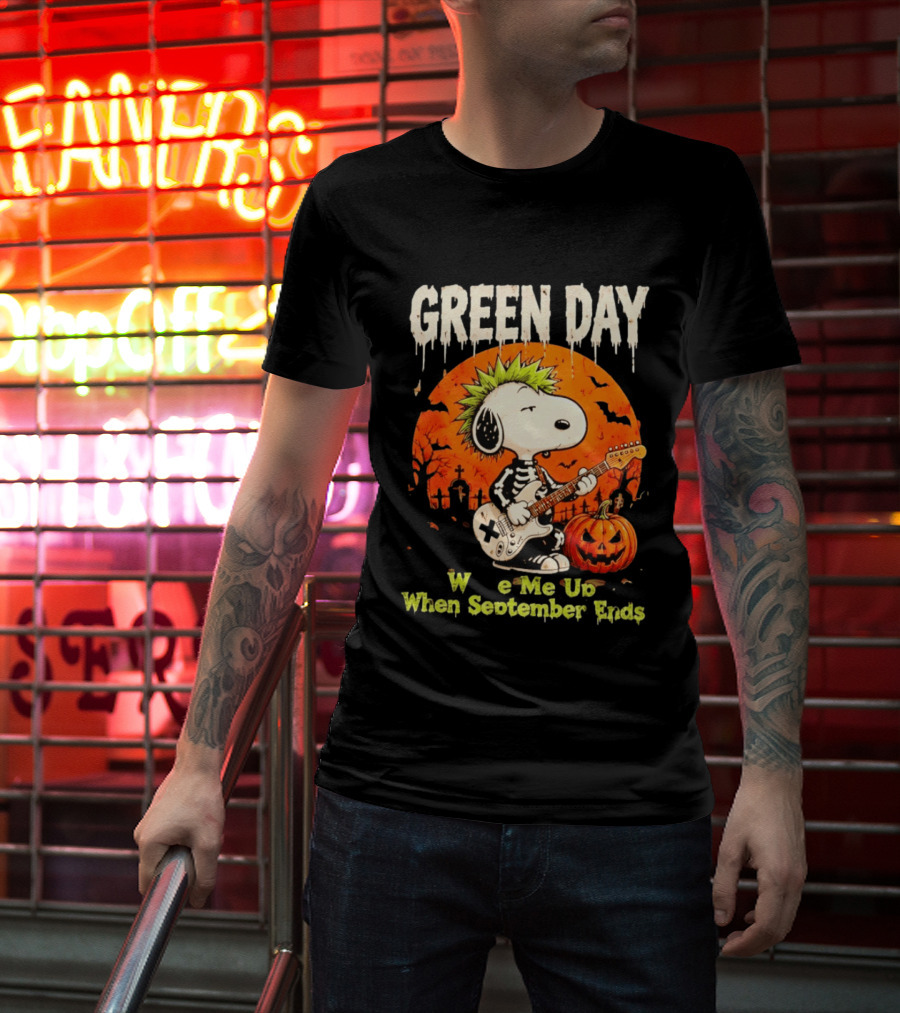 Green Day Snoopy Skeleton Guitar Wake Me Up When September Ends Halloween Pumpkin T-Shirt