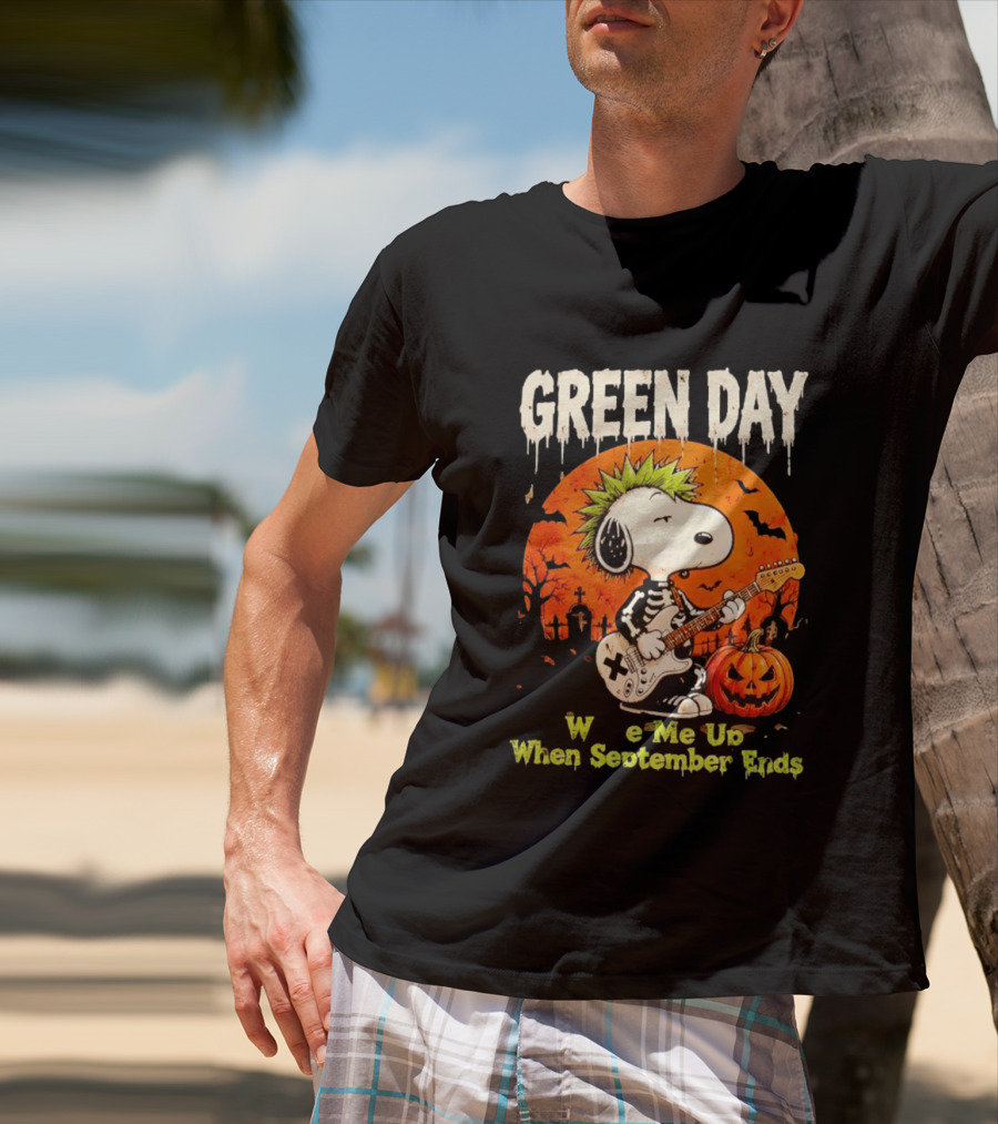 Green Day Snoopy Skeleton Guitar Wake Me Up When September Ends Halloween Pumpkin T-Shirt