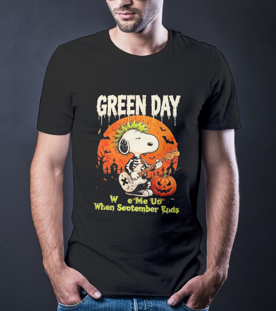 Green Day Snoopy Skeleton Guitar Wake Me Up When September Ends Halloween Pumpkin T-Shirt