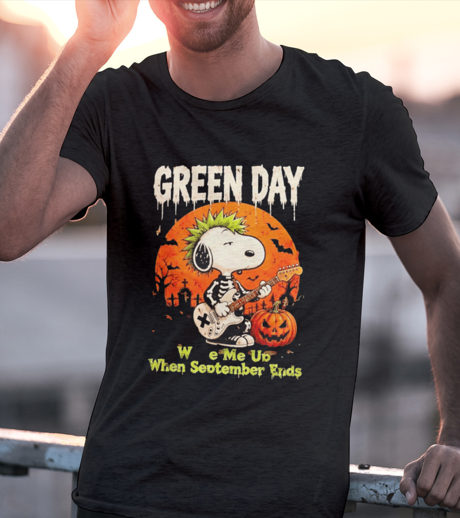 Green Day Snoopy Skeleton Guitar Wake Me Up When September Ends Halloween Pumpkin T-Shirt